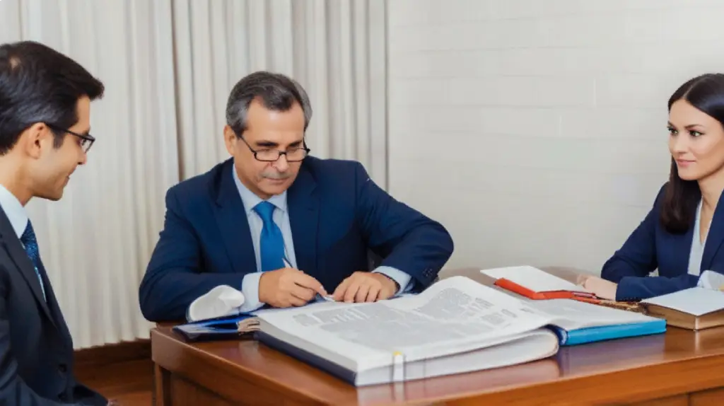 Advogado em traje formal orientando um casal sobre documentos de usucapião extrajudicial em um escritório, com estante de livros jurídicos ao fundo.