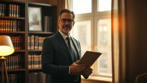 Advogado imobiliário explicando quanto custa um advogado imobiliário em 2025, em escritório moderno com clima acolhedor
