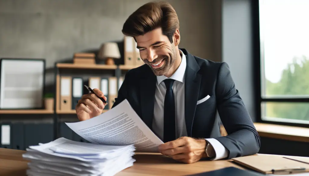 Advogado imobiliário revisando documentos de contrato