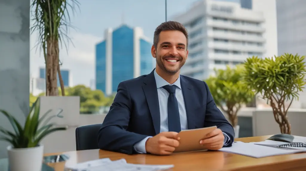 Um advogado de imóveis em São Paulo sentado à mesa, com um sorriso e um olhar confiante, representando um cliente em uma transação imobiliária.