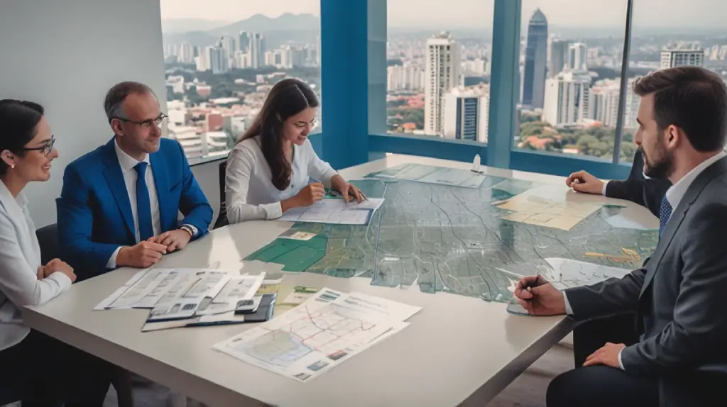 advogado de imóveis em ação, discutindo com um cliente sobre uma transação imobiliária, com um mapa de São Paulo ao fundo e uma calculadora em cima da mesa.