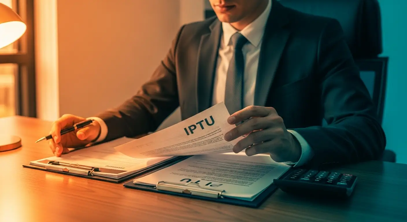 Advogado especializado em IPTU analisando documentos tributários no escritório - orientação jurídica para dívidas de imposto predial