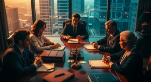 Família reunida em escritório de advocacia discutindo custos de inventário 2025 com documentos sobre mesa de mogno