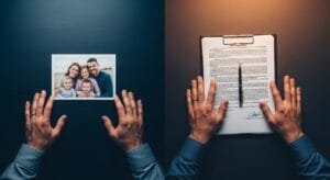 Pessoa decidindo sobre renúncia de herança com foto de família e documentos legais sobre mesa, mãos hesitando entre aceitar ou renunciar herança