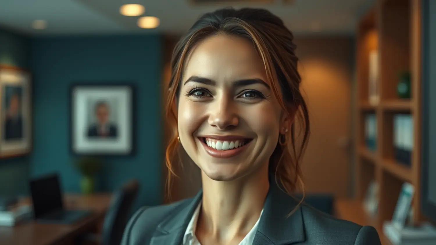 Advogada imobiliária especialista em Assessoria Jurídica Para Locatários, sorrindo em ambiente de escritório