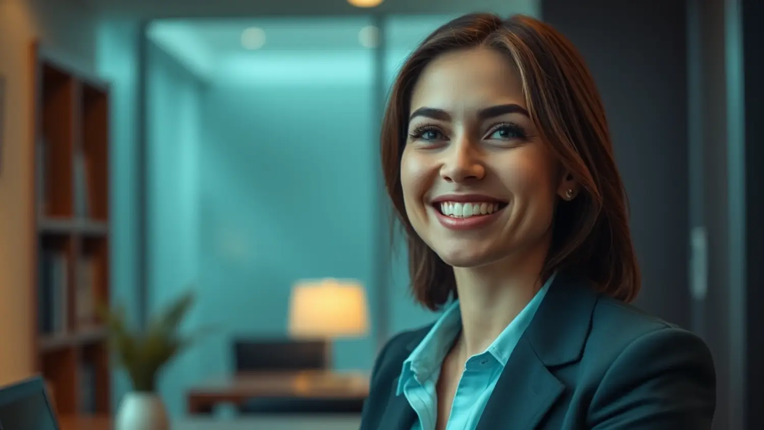 Advogada imobiliária especialista em Assessoria Jurídica para Compradores de Imóveis na Planta, sorrindo em ambiente de escritório