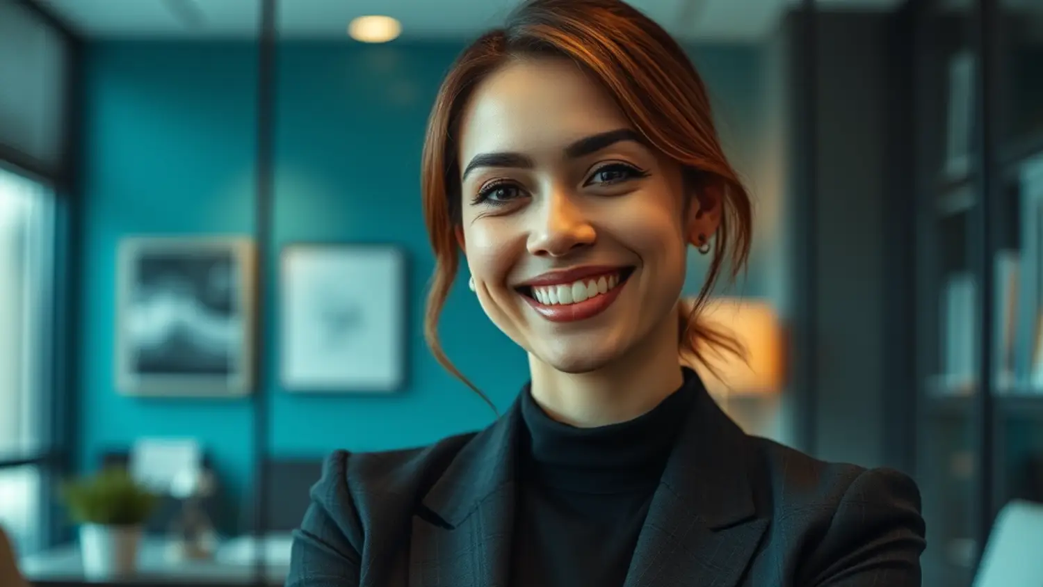 Advogada imobiliária especialista em Consultoria Jurídica para Arquitetos e Engenheiros, sorrindo em ambiente de escritório