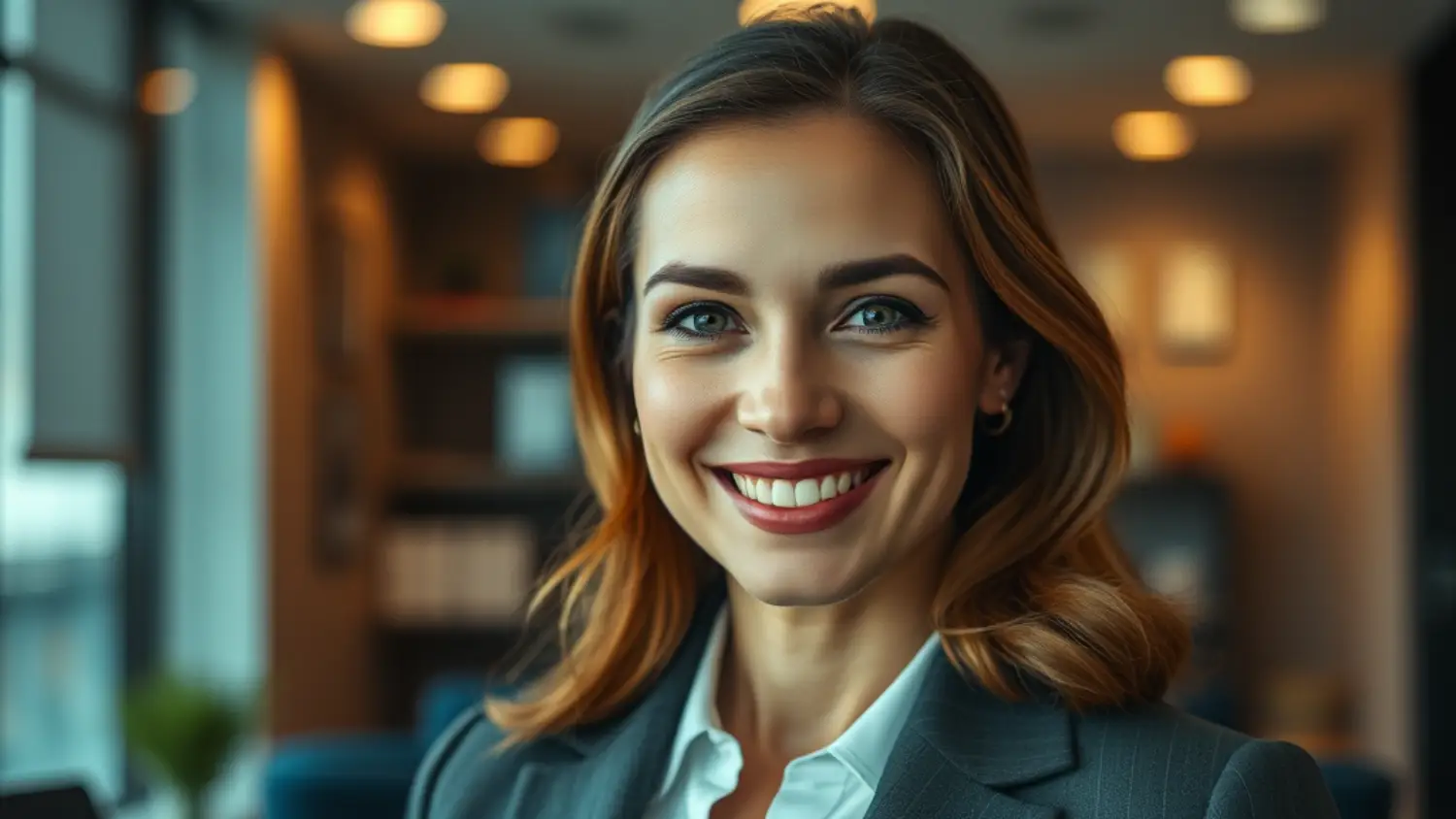 Advogada imobiliária especialista em Consultoria Jurídica para Estrangeiros que Desejam Investir no Mercado Imobiliário Brasileiro, sorrindo em ambiente de escritório