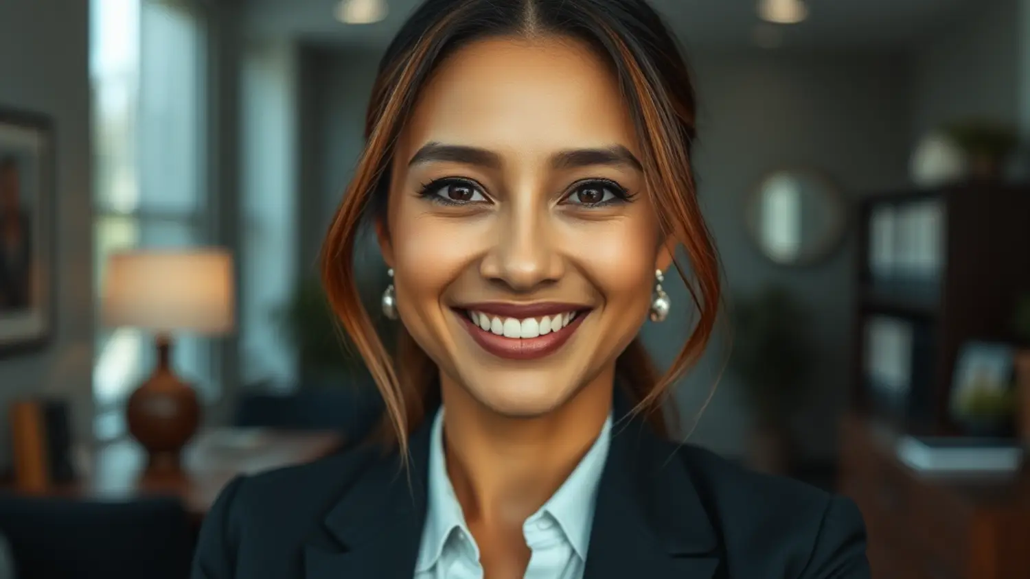 Advogada imobiliária especialista em Consultoria Jurídica para Proptechs, sorrindo em ambiente de escritório