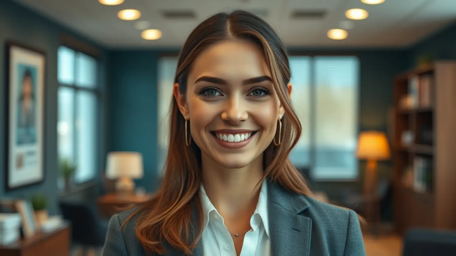Advogada imobiliária especialista em Contratos de Permuta Imobiliária, sorrindo em ambiente de escritório