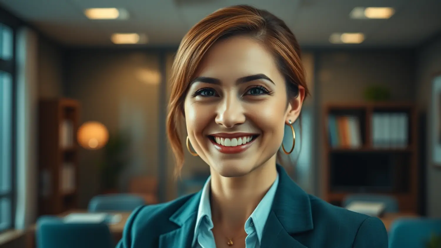 Advogada imobiliária especialista em distrato imobiliário, sorrindo em ambiente de escritório