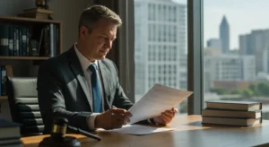 Advogado analisando documentos imobiliários em escritório moderno com luz natural, representando due diligence documental jurídica
