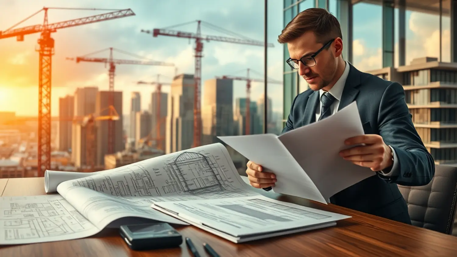 Advogado analisando documentos jurídicos em um projeto de incorporação imobiliária com obras ao fundo