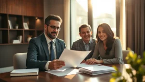 Advogado especializado em assessoria jurídica imobiliária orientando casal sobre compra de imóvel com atendimento personalizado.
