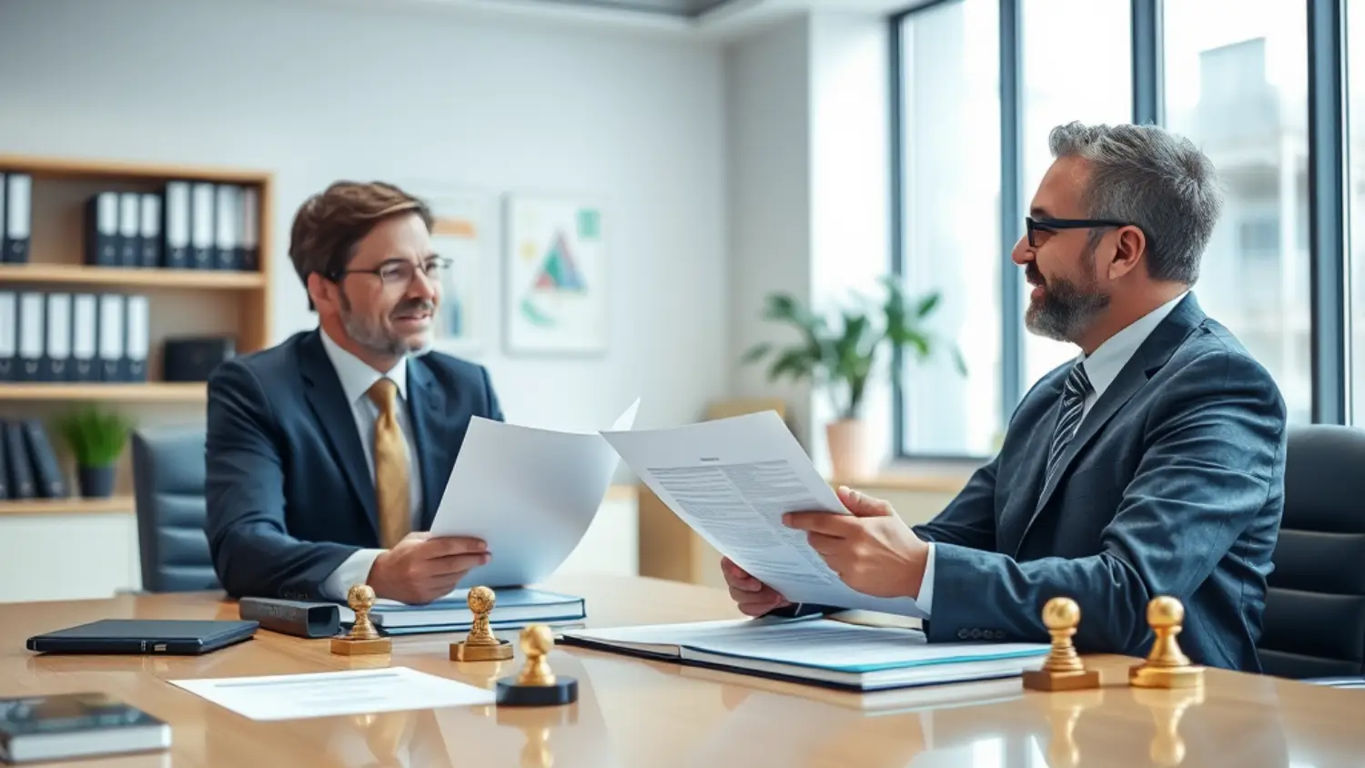 Advogado especializado em consultoria jurídica notarial e registral explicando documentos a cliente em ambiente profissional