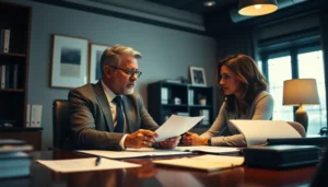 Advogado especializado em direito imobiliário orientando corretor de imóveis sobre contratos e documentos legais em um escritório