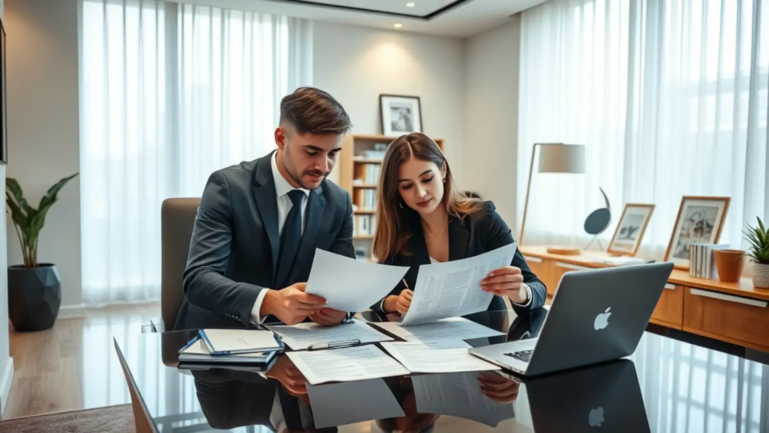 Advogado especializado oferecendo assessoria jurídica para imobiliária em ambiente profissional com contratos e documentos imobiliários sobre a mesa