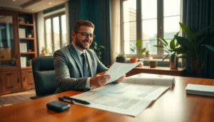 Advogado especializado oferecendo consultoria em direito imobiliário em ambiente acolhedor e profissional.