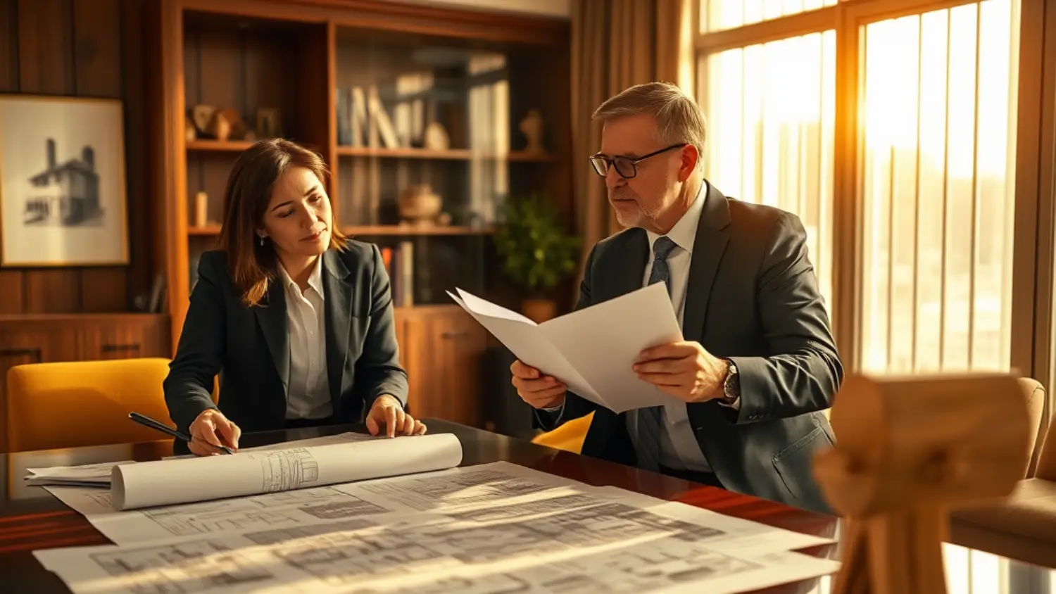 Advogado fornecendo assessoria jurídica a loteadora e incorporadora com documentos imobiliários e plantas arquitetônicas na mesa, em uma atmosfera sofisticada com tons dourados e sombras profundas