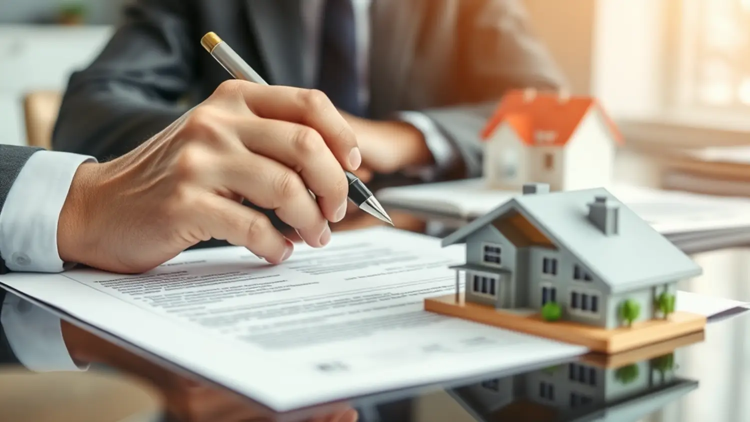 Advogado imobiliário analisando documentos de transação imobiliária em escritório moderno, com vista para a cidade de São Paulo, transmitindo confiança e profissionalismo