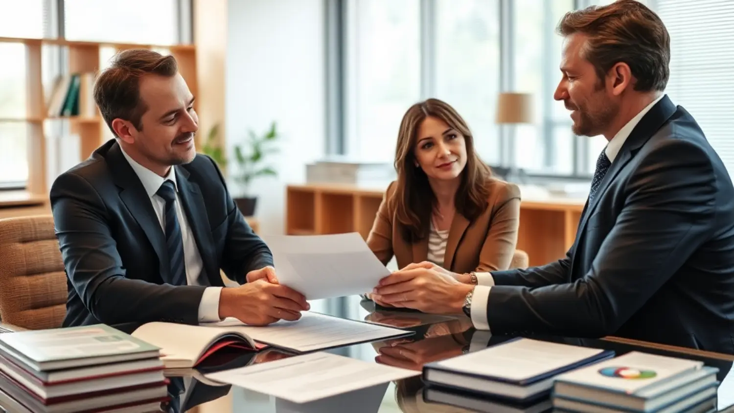 Advogado imobiliário experiente revisando contrato de compra e venda com cliente, em ambiente profissional e iluminado, transmitindo confiança e expertise