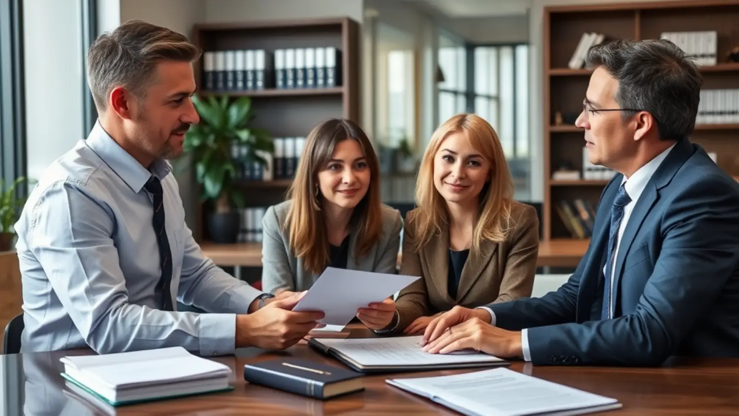 Advogado imobiliário oferecendo orientação jurídica a um casal, revisando contrato de compra de imóvel em escritório moderno e profissional