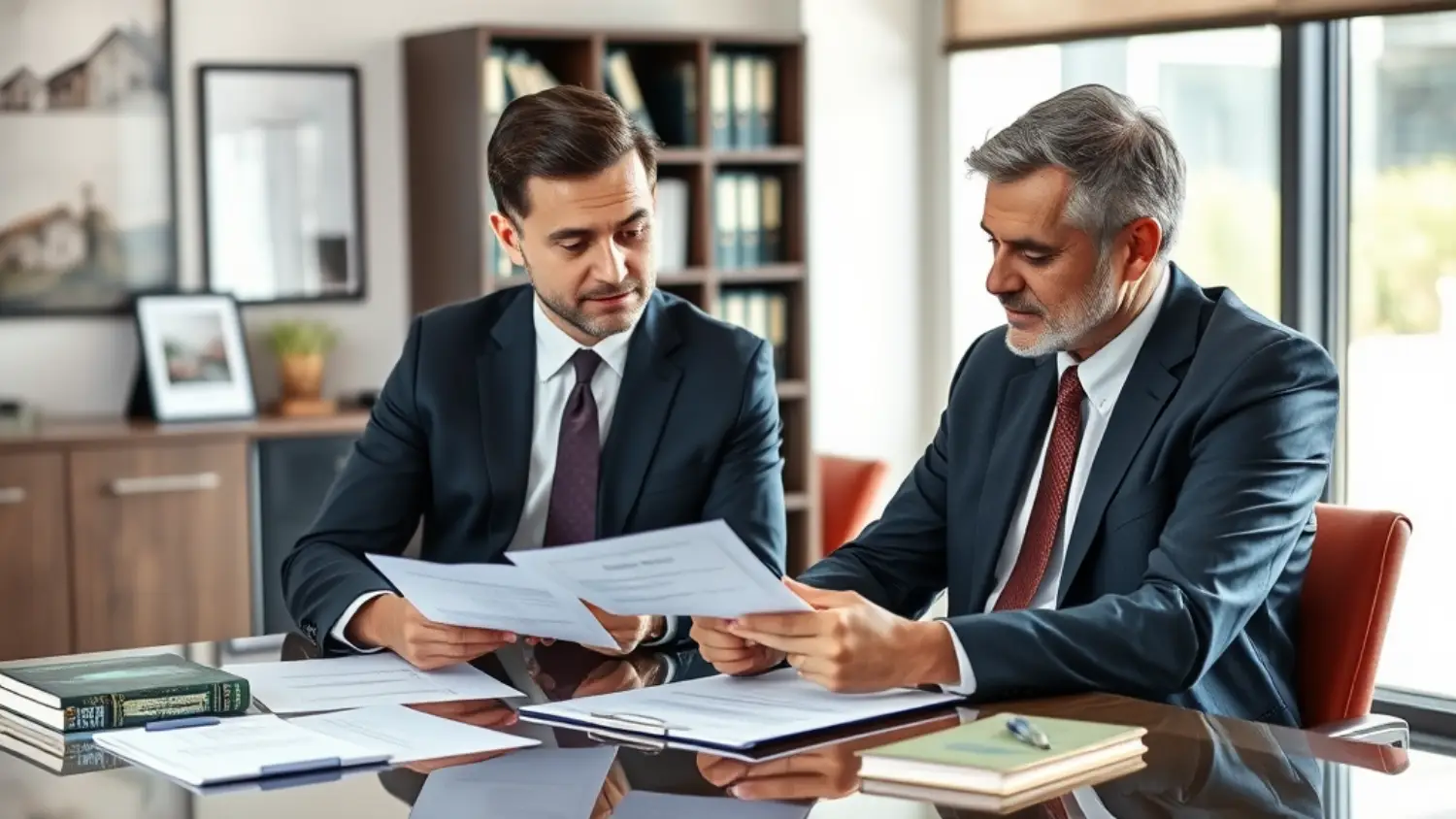 Advogado imobiliário orientando cliente sobre contrato de imóvel em escritório profissional com documentos e brochuras de imóveis na mesa