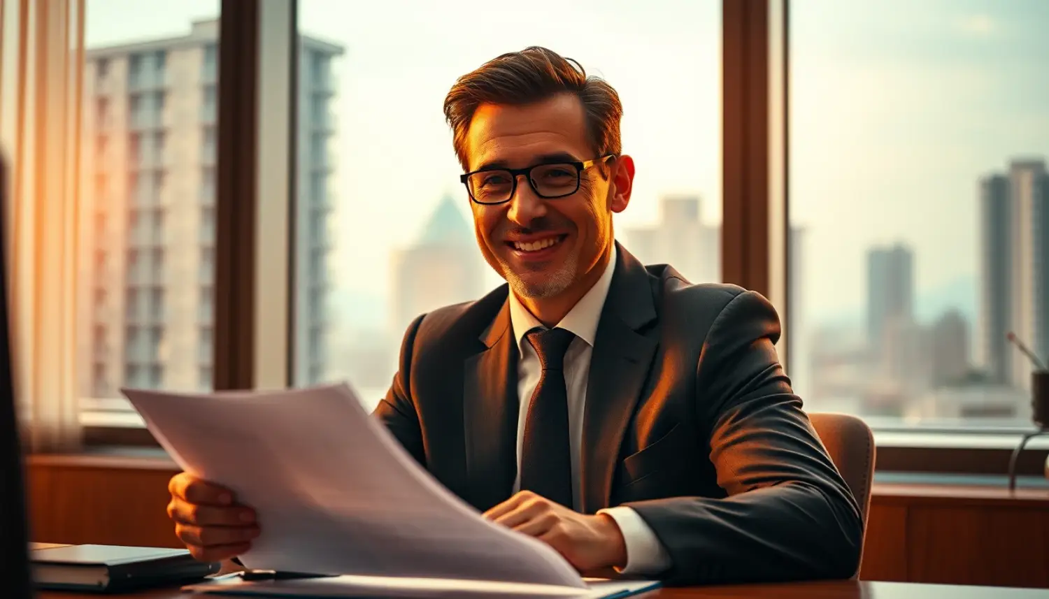 Advogado imobiliário sorridente revisando contrato de imóvel, transmitindo segurança e profissionalismo em ambiente corporativo moderno
