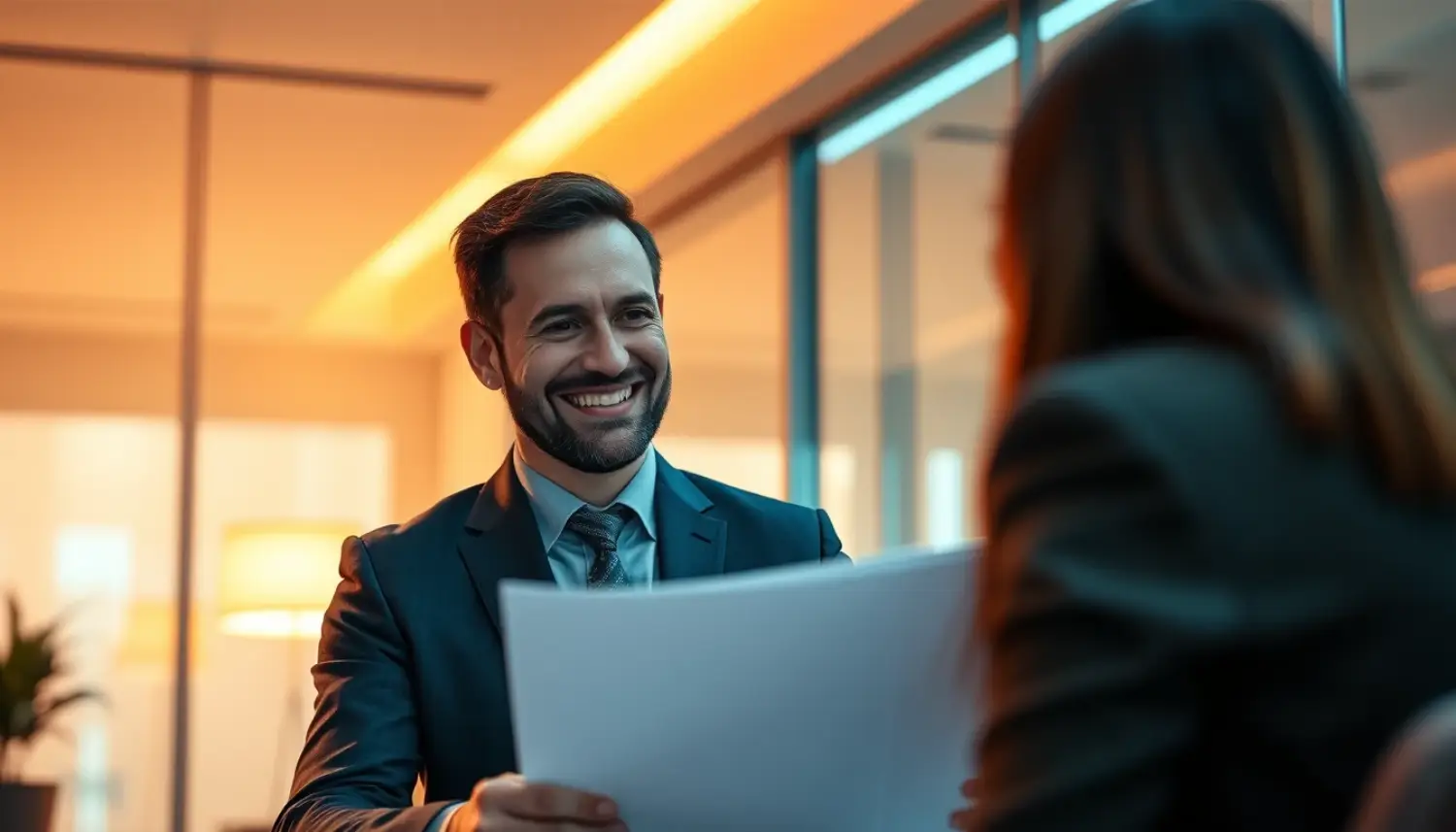 Advogado imobiliário sorrindo ao discutir contrato com cliente, em escritório elegante com iluminação suave e tons quentes, transmitindo confiança e cordialidade
