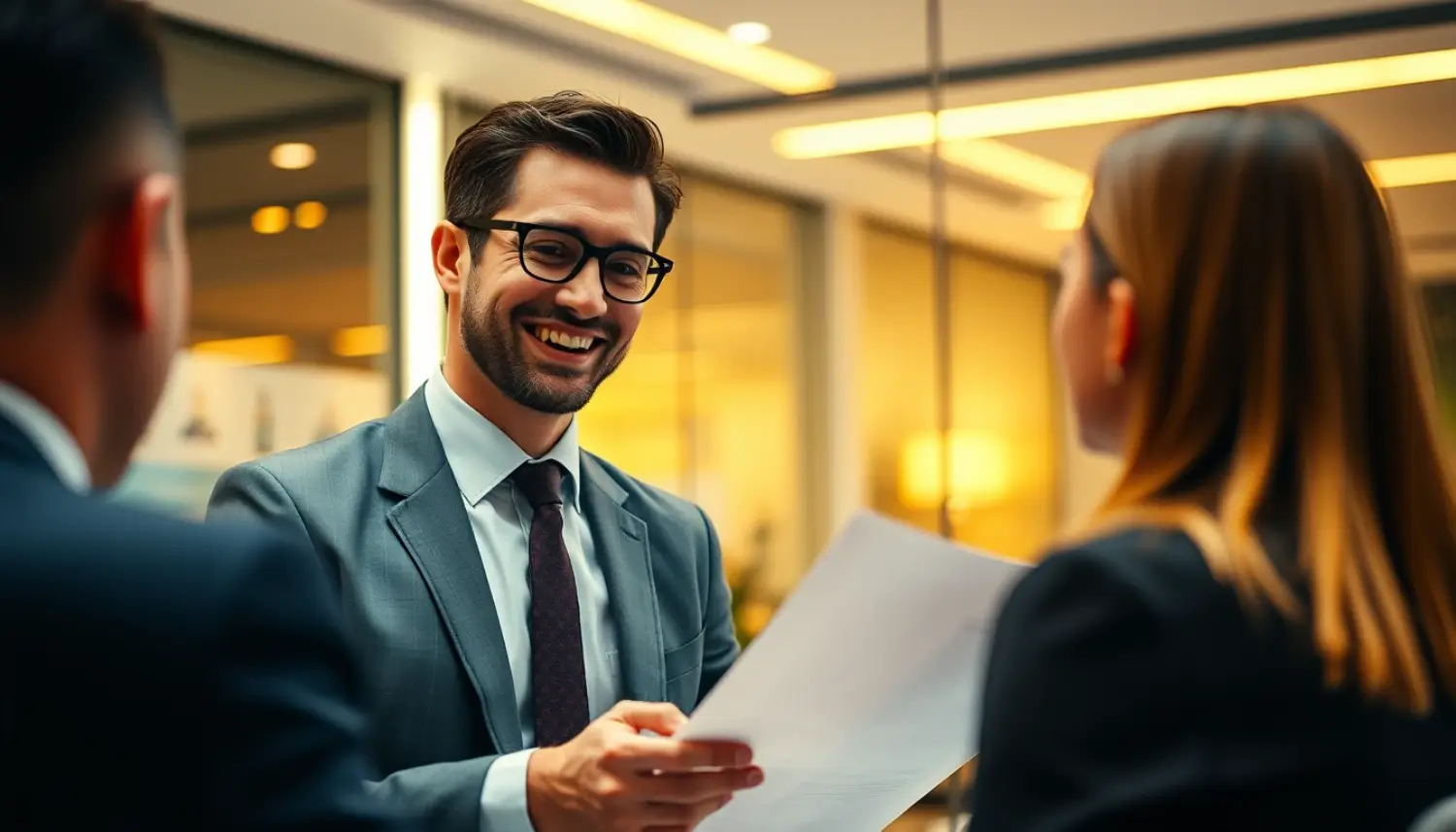 Advogado imobiliário sorrindo enquanto revisa contrato com cliente, em escritório moderno com iluminação suave e tons quentes, transmitindo confiança e simpatia