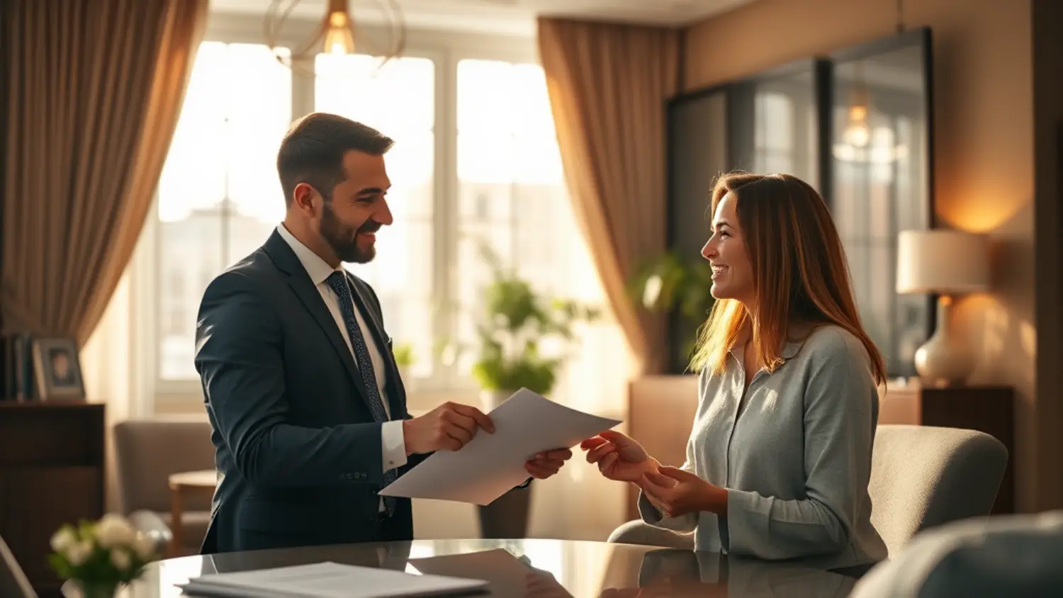 Advogado oferecendo assessoria jurídica imobiliária em ambiente moderno e acolhedor