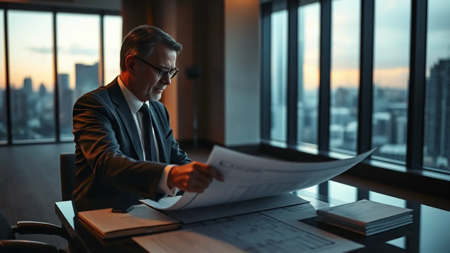 Advogado para construtoras e incorporadoras analisando projeto com executivo da construção civil em escritório moderno