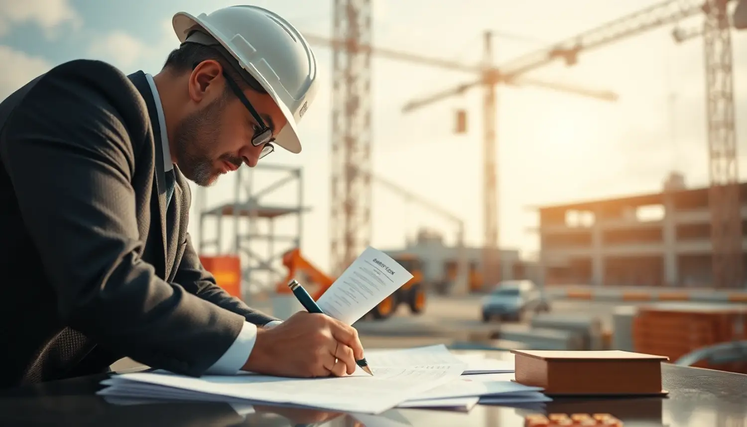 Assessoria jurídica em canteiro de obras com advogados e gerente de construção revisando documentos, com um toque cinematográfico e foco na segurança jurídica