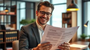 Assessoria jurídica para compra de imóveis na planta, advogado sorrindo enquanto revisa contrato em escritório moderno com ambiente profissional
