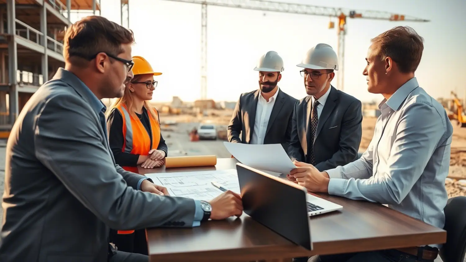 Assessoria jurídica para construtoras em obra, com advogado e equipe de construção revisando documentos e planos, garantindo segurança legal no projeto