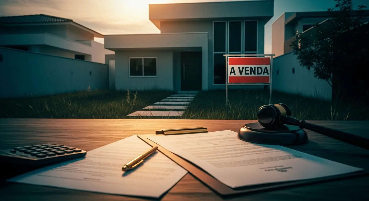 Casa residencial brasileira com placa de leilão judicial ilustrando as consequências do não pagamento do IPTU