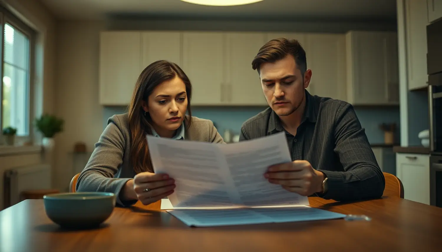 Casal analisando contrato de distrato imobiliário com expressão preocupada, simbolizando dúvidas comuns no processo