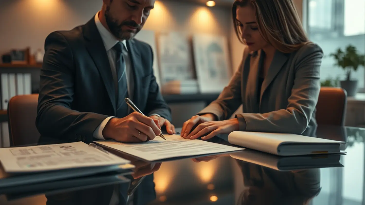 Cena cinematográfica de advogado imobiliário e cliente assinando contrato, com iluminação suave e atmosfera de confiança e profissionalismo
