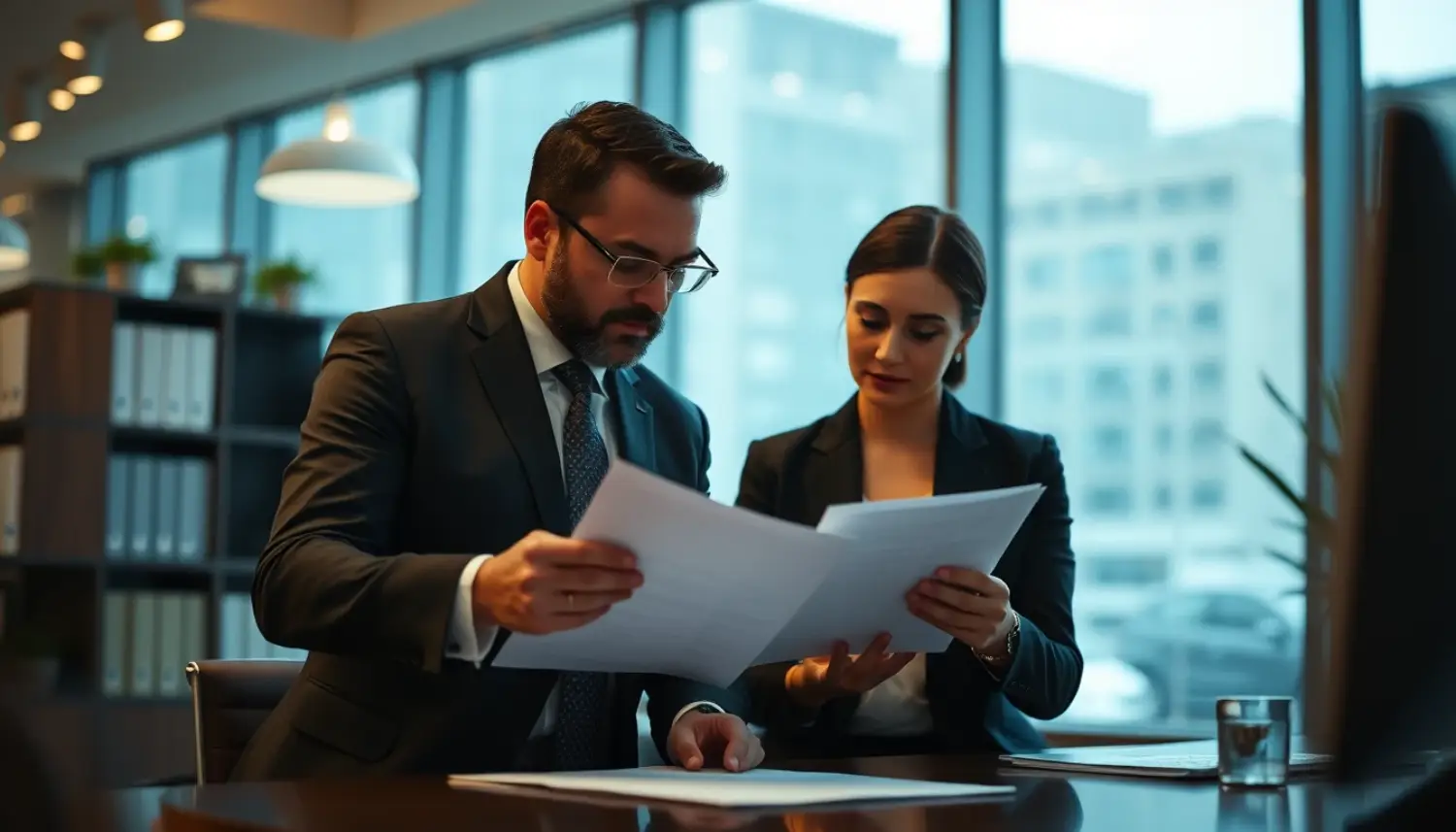 Consultoria jurídica para corretores de imóveis revisando documentos legais, contrato imobiliário e colaboração profissional