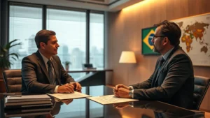 Consultoria jurídica para estrangeiros no mercado imobiliário brasileiro – advogado e cliente em escritório moderno