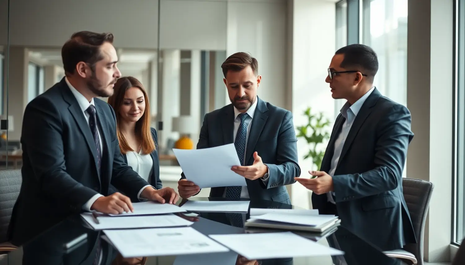 Consultoria jurídica para imobiliárias com advogado especializado revisando contratos em escritório moderno