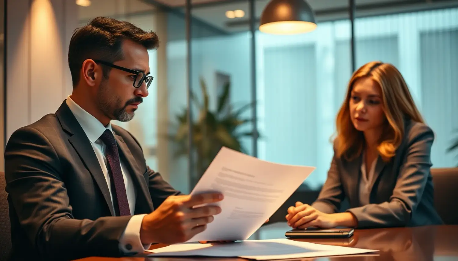 Consultoria jurídica para locadores de imóveis em escritório, advogado revisando contrato de locação com cliente, ambiente profissional e seguro