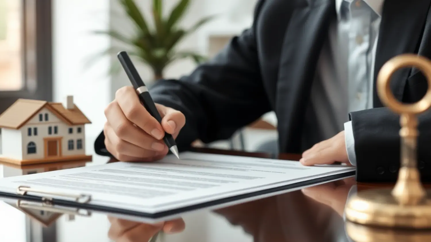 Contrato imobiliário sendo analisado por advogado especialista em direito imobiliário, notarial e registral em ambiente corporativo