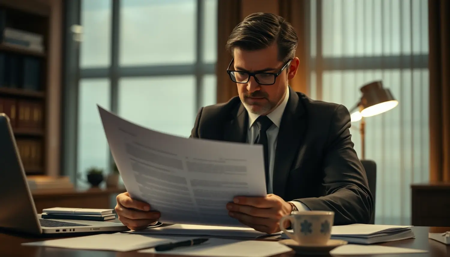Due diligence em transações imobiliárias advogado revisando documentos legais em um contrato de compra ou venda de imóvel