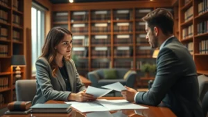Imagem de escritório de advogado com iluminação suave, mostrando um advogado e cliente discutindo sobre regularização de imóveis e assessoria jurídica. Atmosfera acolhedora e profissional