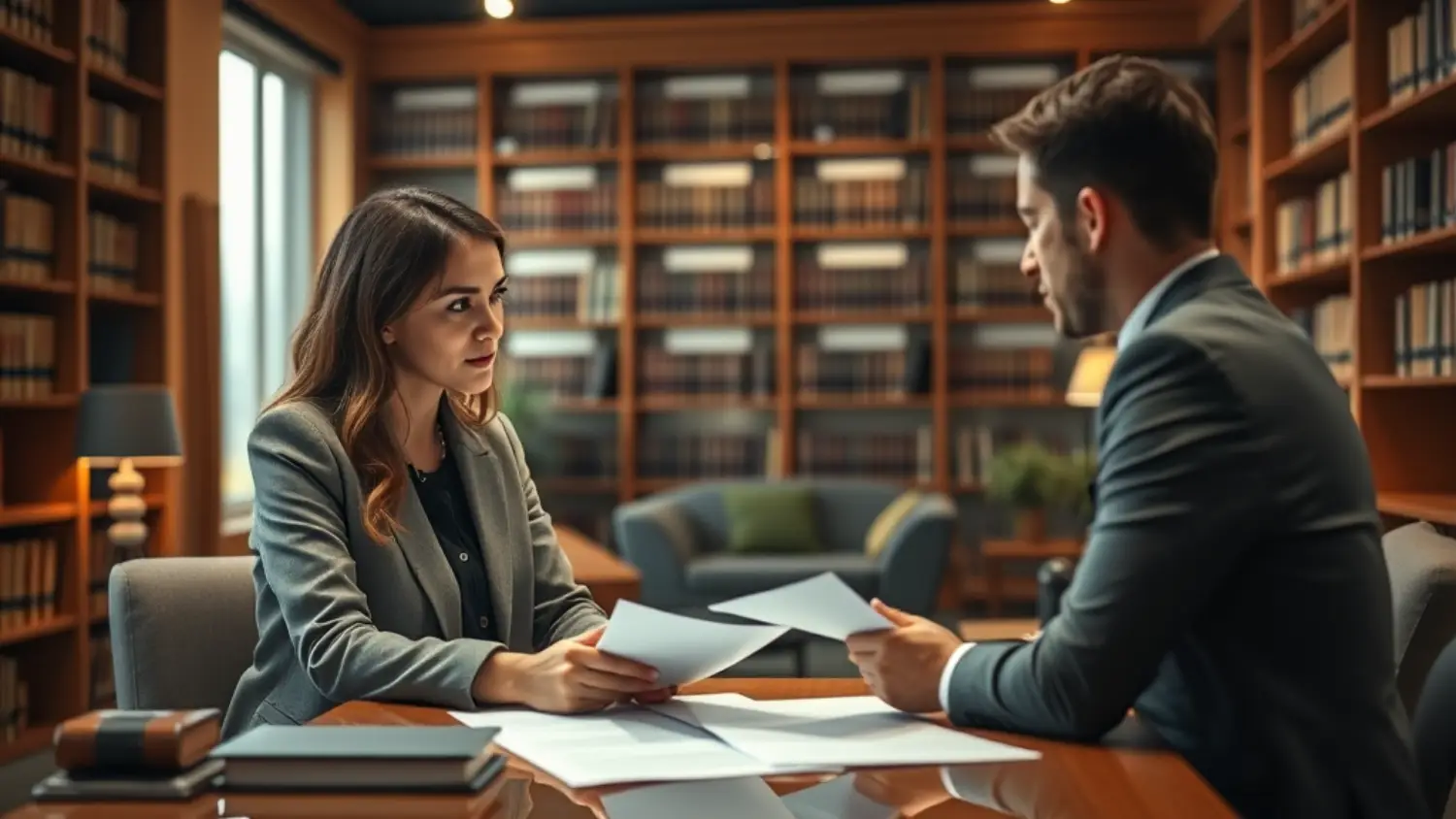 Imagem de escritório de advogado com iluminação suave, mostrando um advogado e cliente discutindo sobre regularização de imóveis e assessoria jurídica. Atmosfera acolhedora e profissional