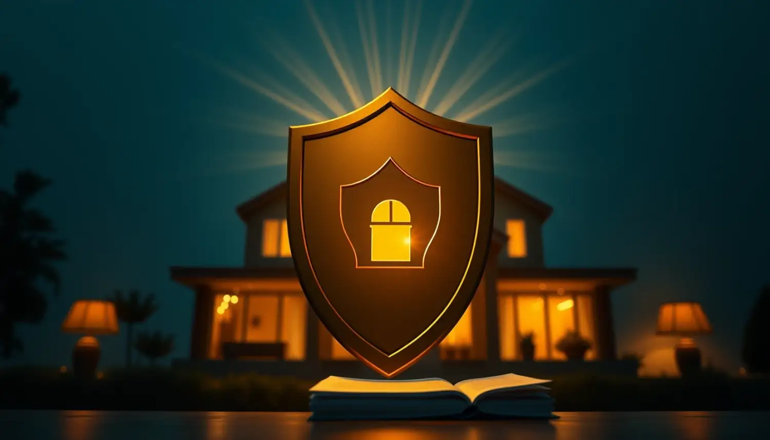 Imagem profissional de proteção patrimonial escudo dourado sobre documentos jurídicos e uma casa moderna, com efeito de luz simbolizando segurança