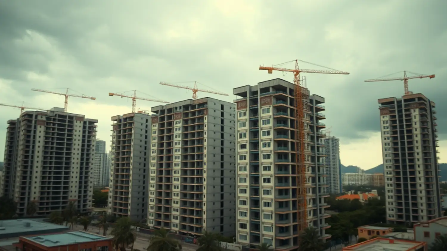 Obra de imóvel na planta em São Paulo destacando riscos na compra, sob céu nublado e estilo cinematográfico