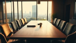 Sala de reunião moderna com mesa de madeira, pastas jurídicas e vista para cidade verde, perfeita para consultoria jurídica para imóveis em copropriedade ou disputa
