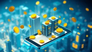 Tokens imobiliários digitais saindo de prédios e indo para celular, ilustrando investimento imobiliário fracionado via blockchain